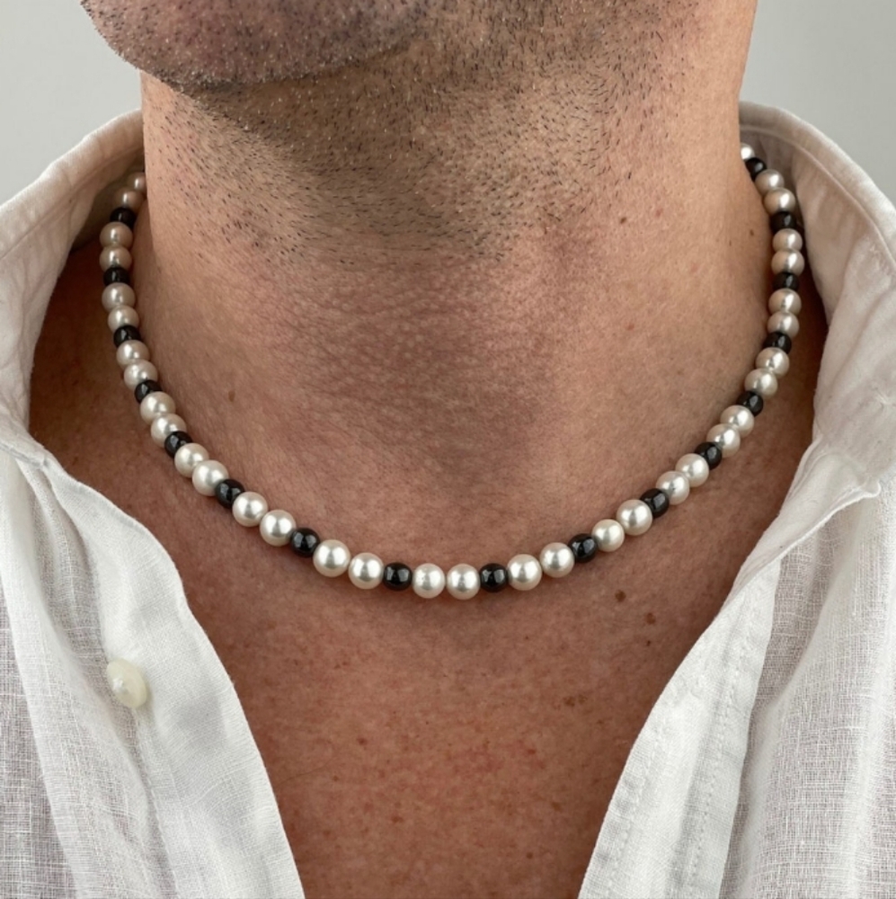 Sterling Pearl and Hematite Beaded Choker Necklace - White and Black